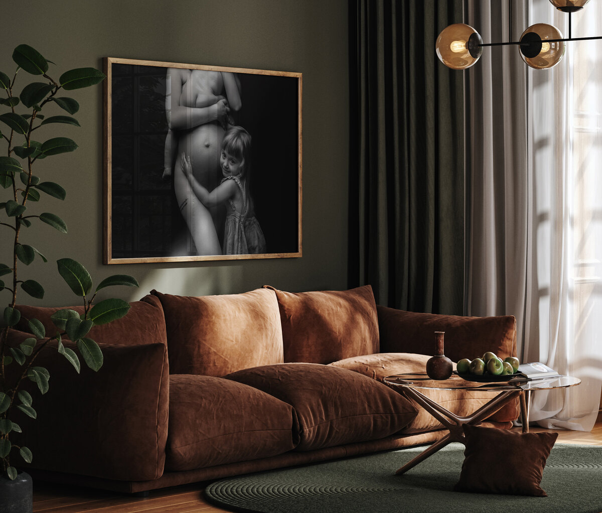 A cozy living room features a brown sofa, a potted plant, and a small table with green apples. On the wall hangs a stunning black-and-white photo by a Charlotte maternity photographer. Warm lighting and curtains create a comfortable atmosphere.