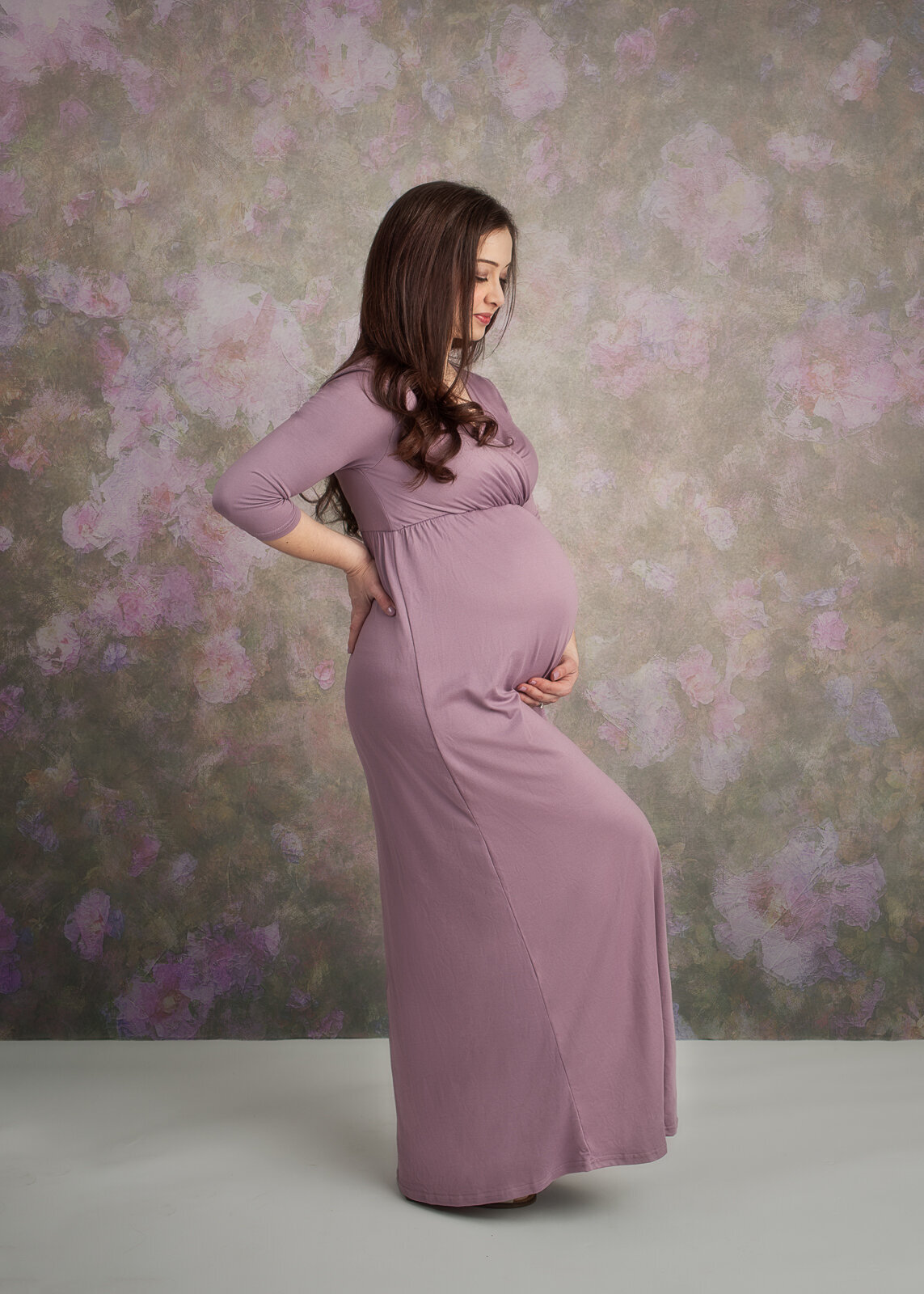 Angela Maternity model with purple dress website