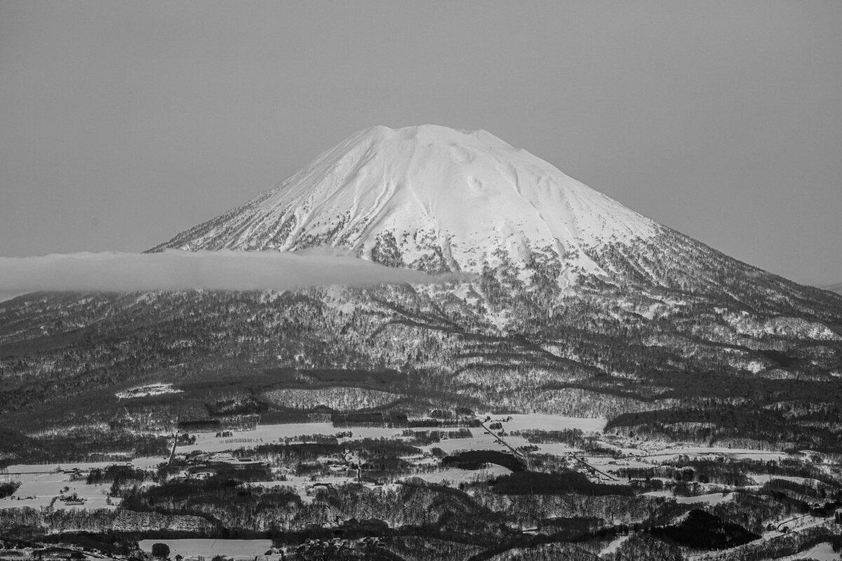 Black and white travel photo of a Japanese landscape