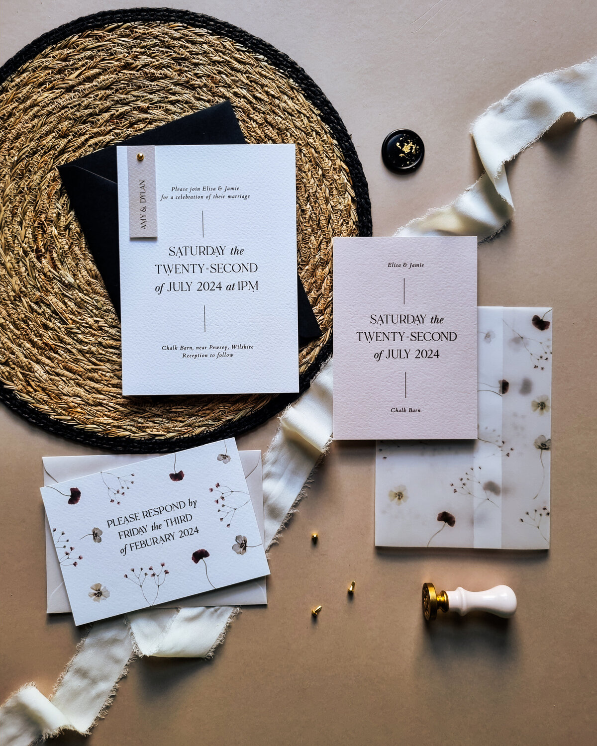 Modern typography and wildflower wedding invitation suite