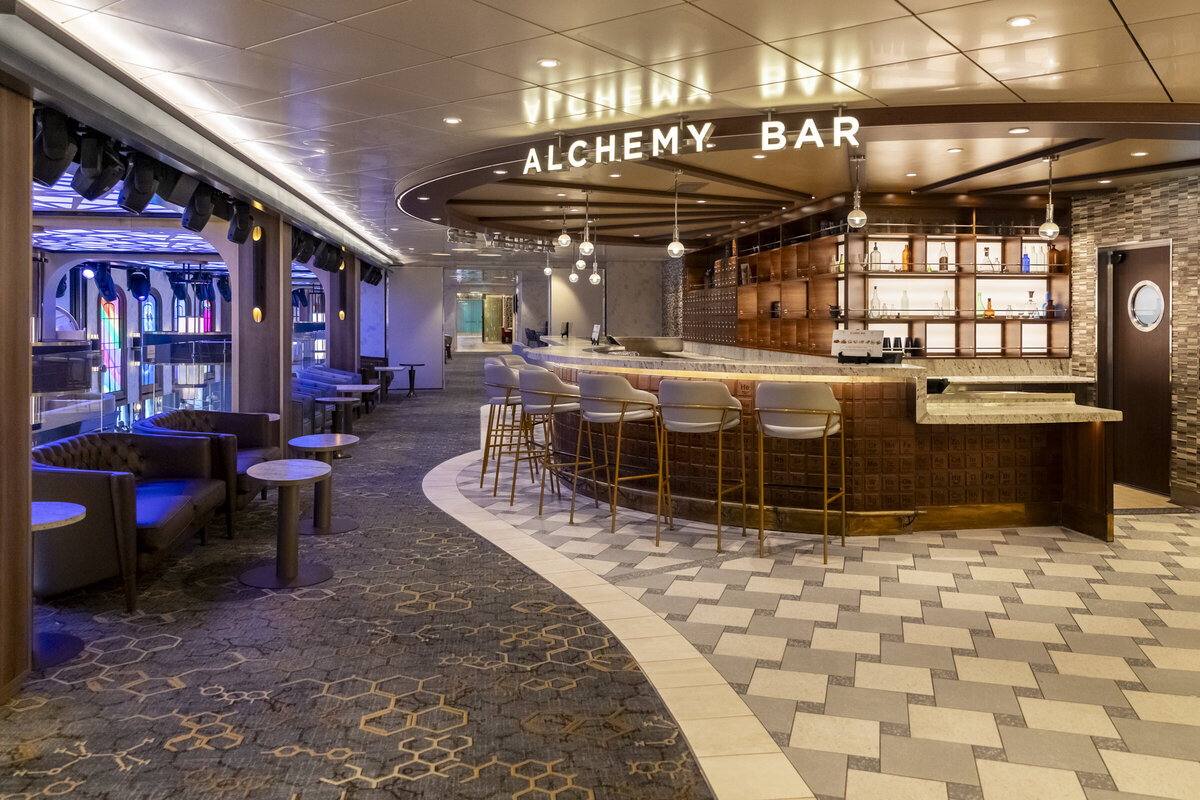 The Alchemy Bar aboard the Carnival Cruise Ship, Celebration, pictured between shifts to show the space without people.