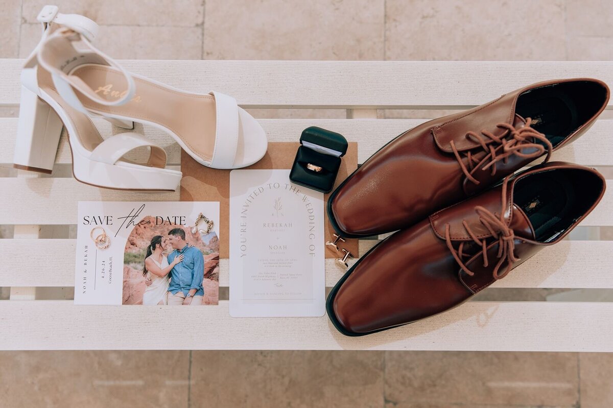 bride and groom details flatlay