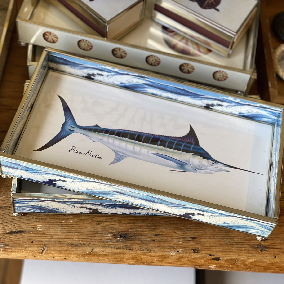 glass tray with blue marlin