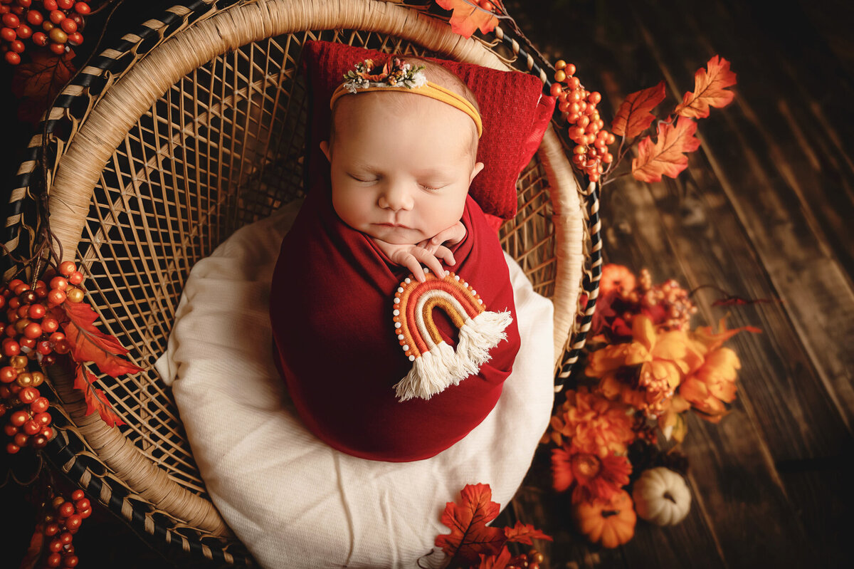 Autumn portrait of wrapped rainbow baby in a chair surrounded by fall leaves and colours.