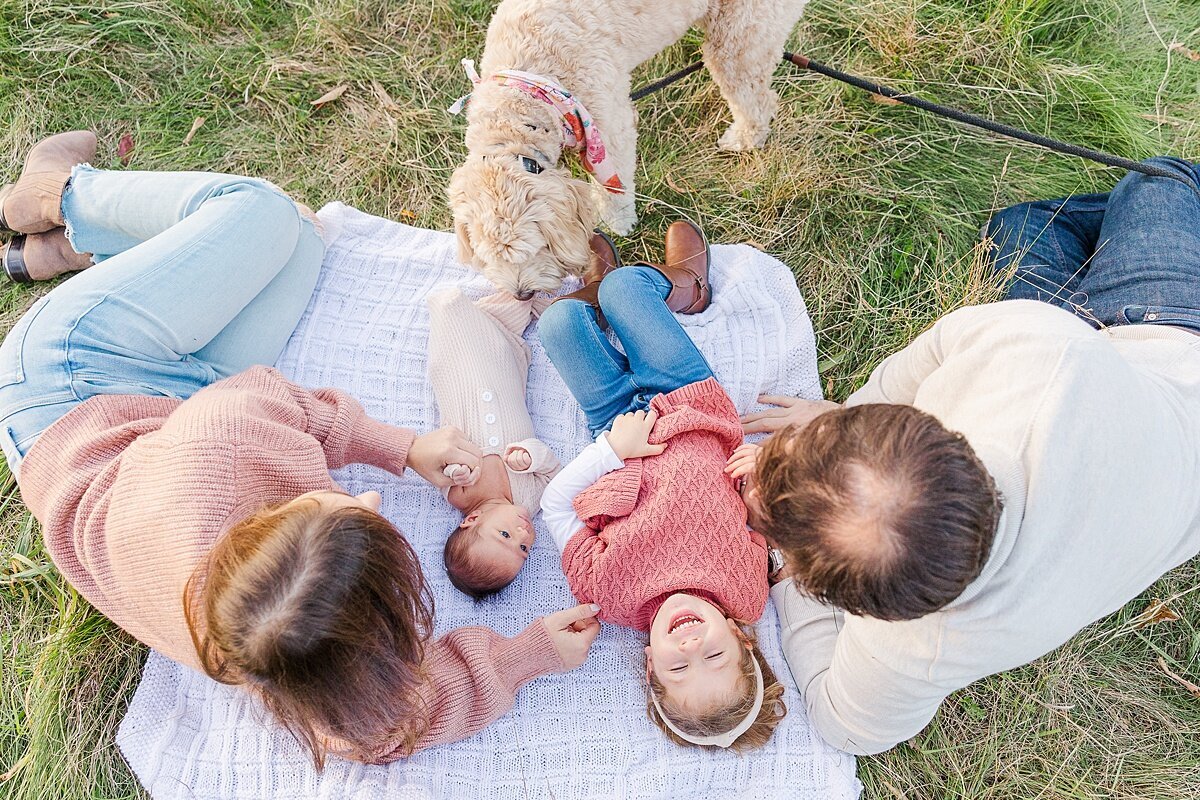 family lays on blanket  during outdoor newborn photo session with Sara Sniderman Photography in Natick Massachusetts