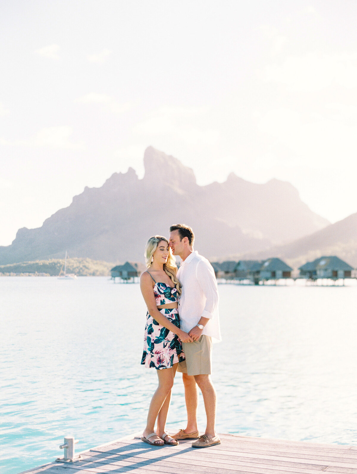 Couple soft colors Bora Bora Sunset love smile elegant dress