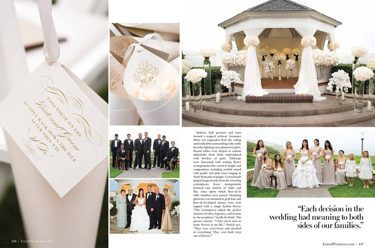 Words cannot describe how excited we are for Melina and Patrick to have their beautiful wedding at The Ritz-Carlton, Half Moon Bay featured in the Fall 2012 edition of Inside Weddings magazine. A humble, but huge thank you to Party Planner Mindy Weiss for referring us. She is Hollywood's talent at its best! And Mark's Garden did an outstanding job with the decor! Click here for a list of vendors.