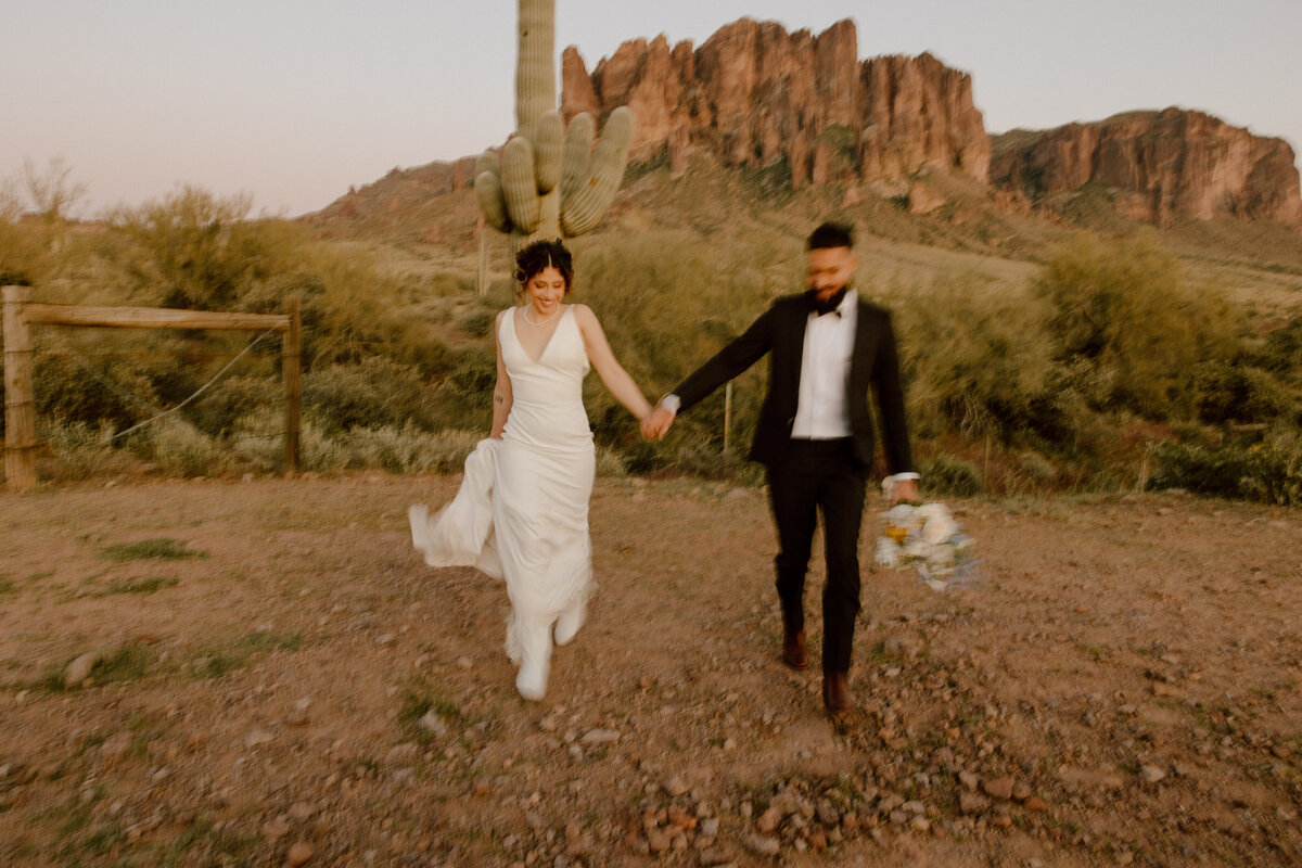 bride and groom holding hands in the desert