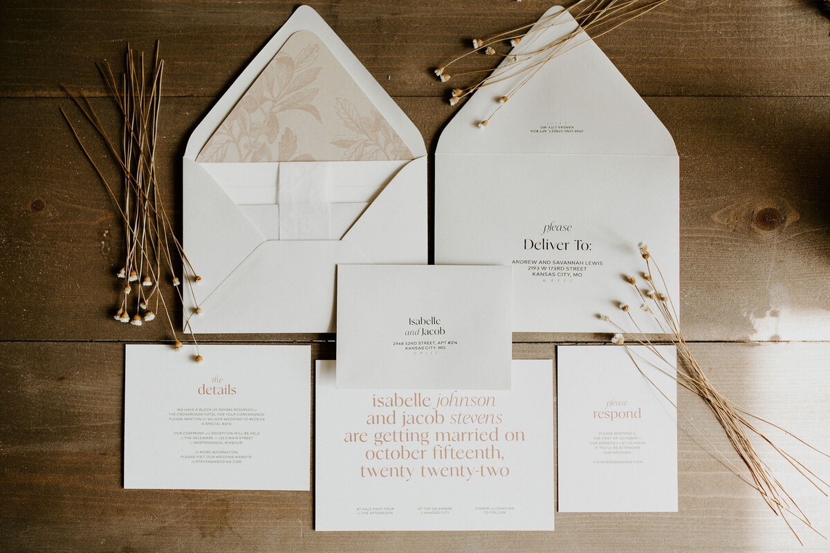 Customized minimalist white wedding invitations with modern black and brown text