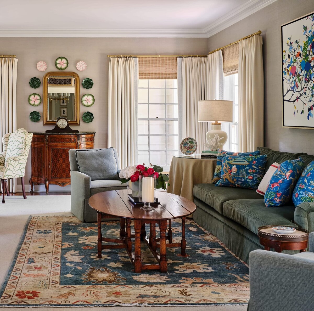 the keeping room interiors morningside living room with accent rug and white curtains