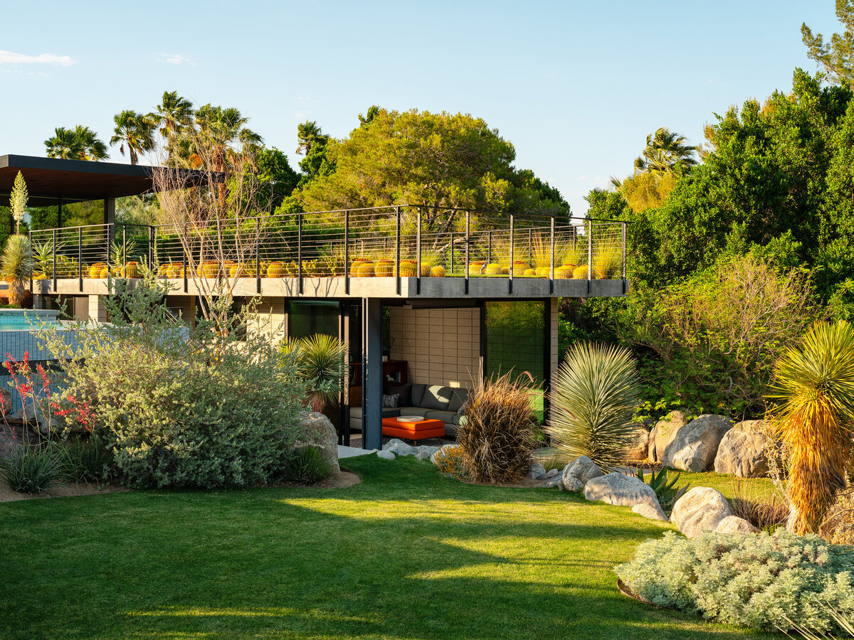 View of guest house casita with green roof designed by Los Angeles architect