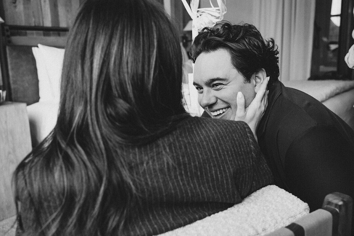 Mira Park Photography NY based wedding photographer Black and white photo of wedding proposal in 1 Hotel in Central Park, NY
