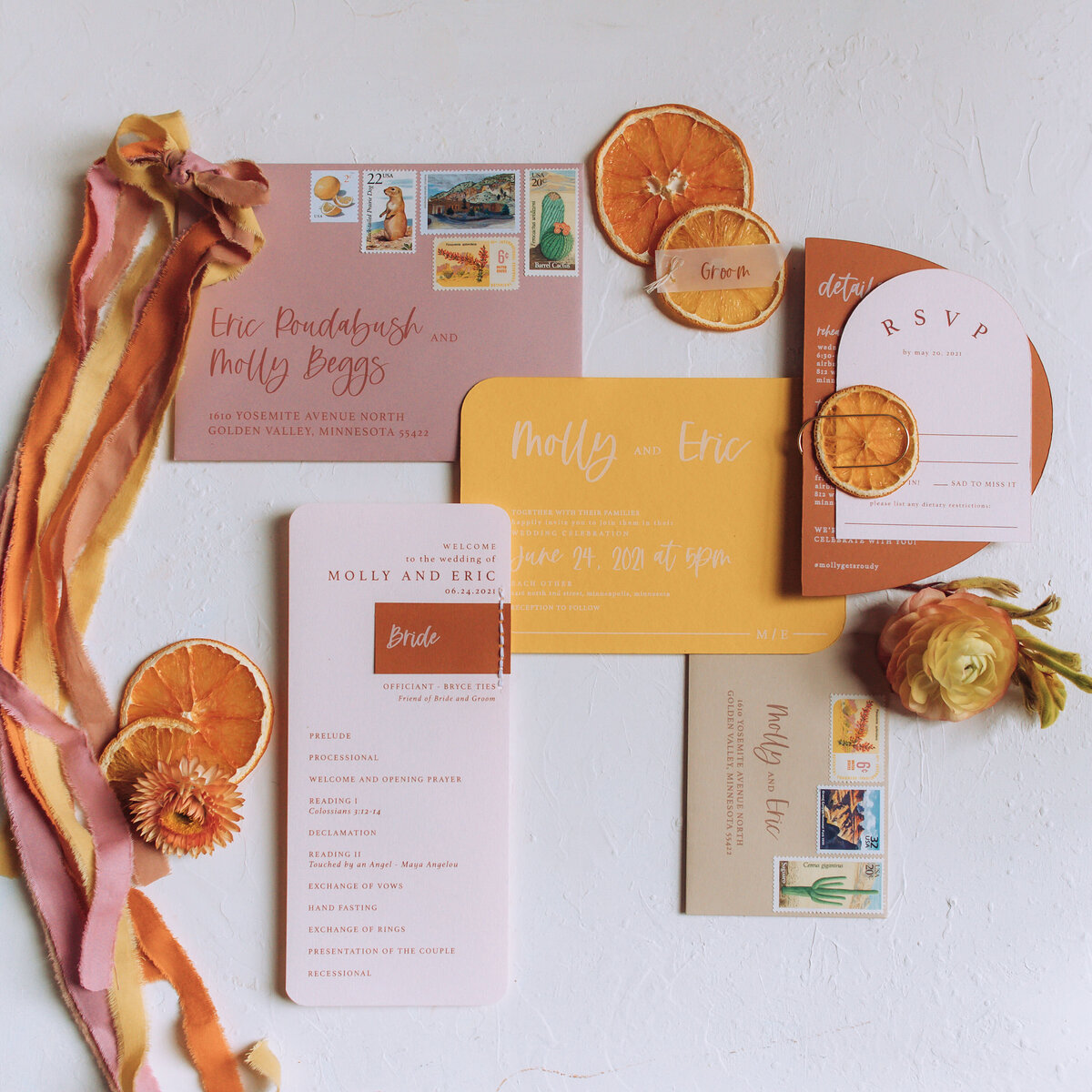 colorful wedding invitations, studio fleurette, dried citrus wedding