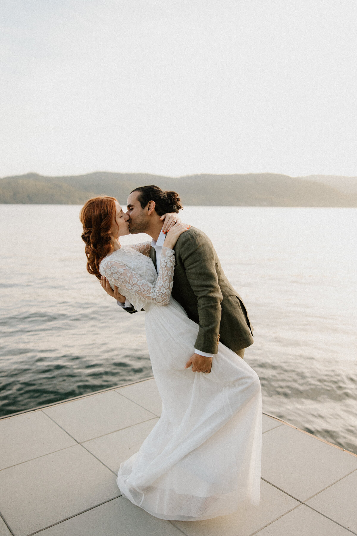 bride and groom wedding portrait lake
