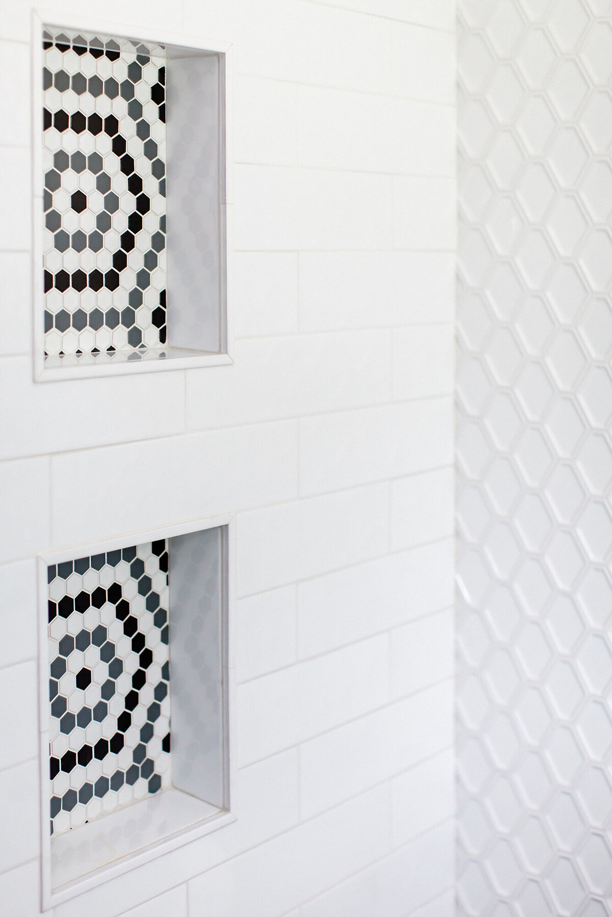 Tile details for fresh modern bathroom remodel - Interior Design by Patina Living Co.