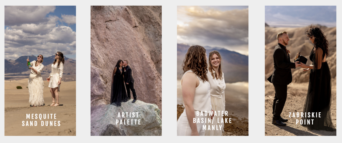 A queer couple sharing a kiss in the golden desert light, one bride wearing a dramatic black dress, with the rugged hills of Death Valley’s desert terrain behind them