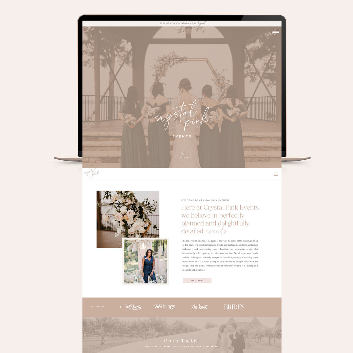 Indulge in the romance of pink hues and intricate details with an event planner's website displayed on a laptop, showcasing the beauty of custom web design.