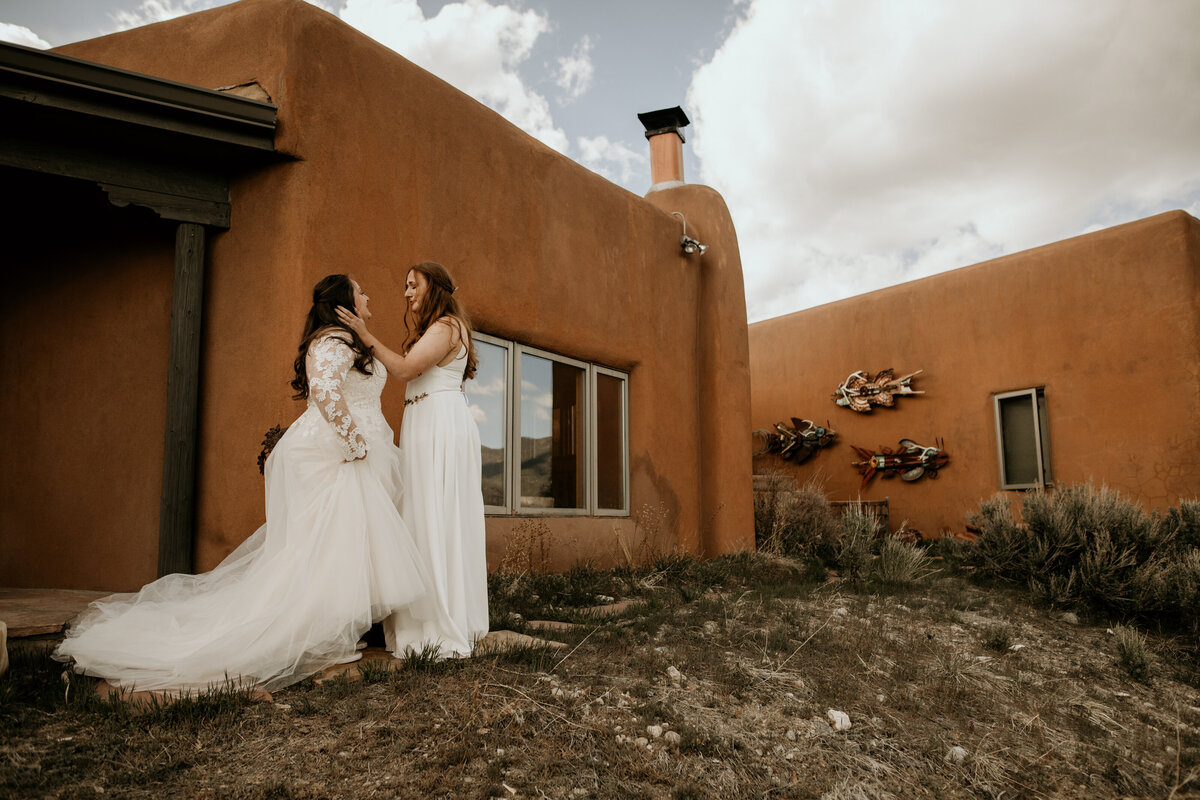 same sex couple  seeing each other in gowns for the first time