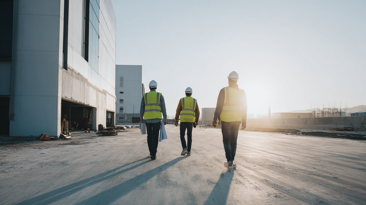 Three Serlana Construction workers in high-vis vests walking toward a construction site at sunrise, symbolizing teamwork and progress on an industrial project.
