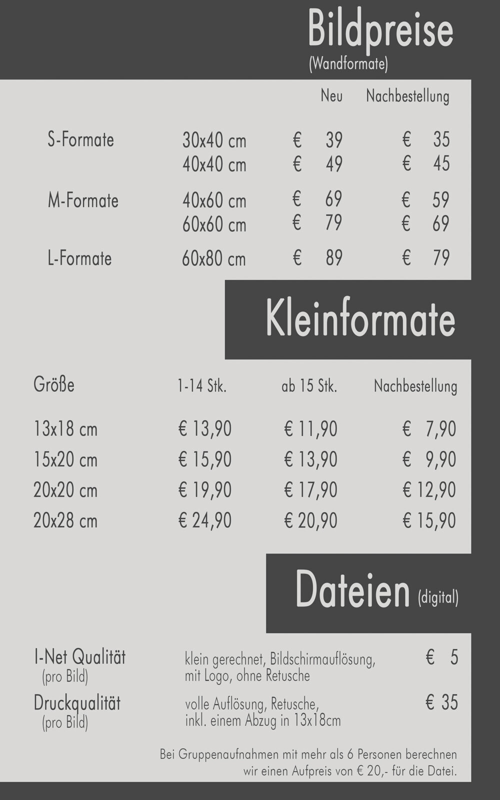Bildpreise Ihr Fotograf 2025