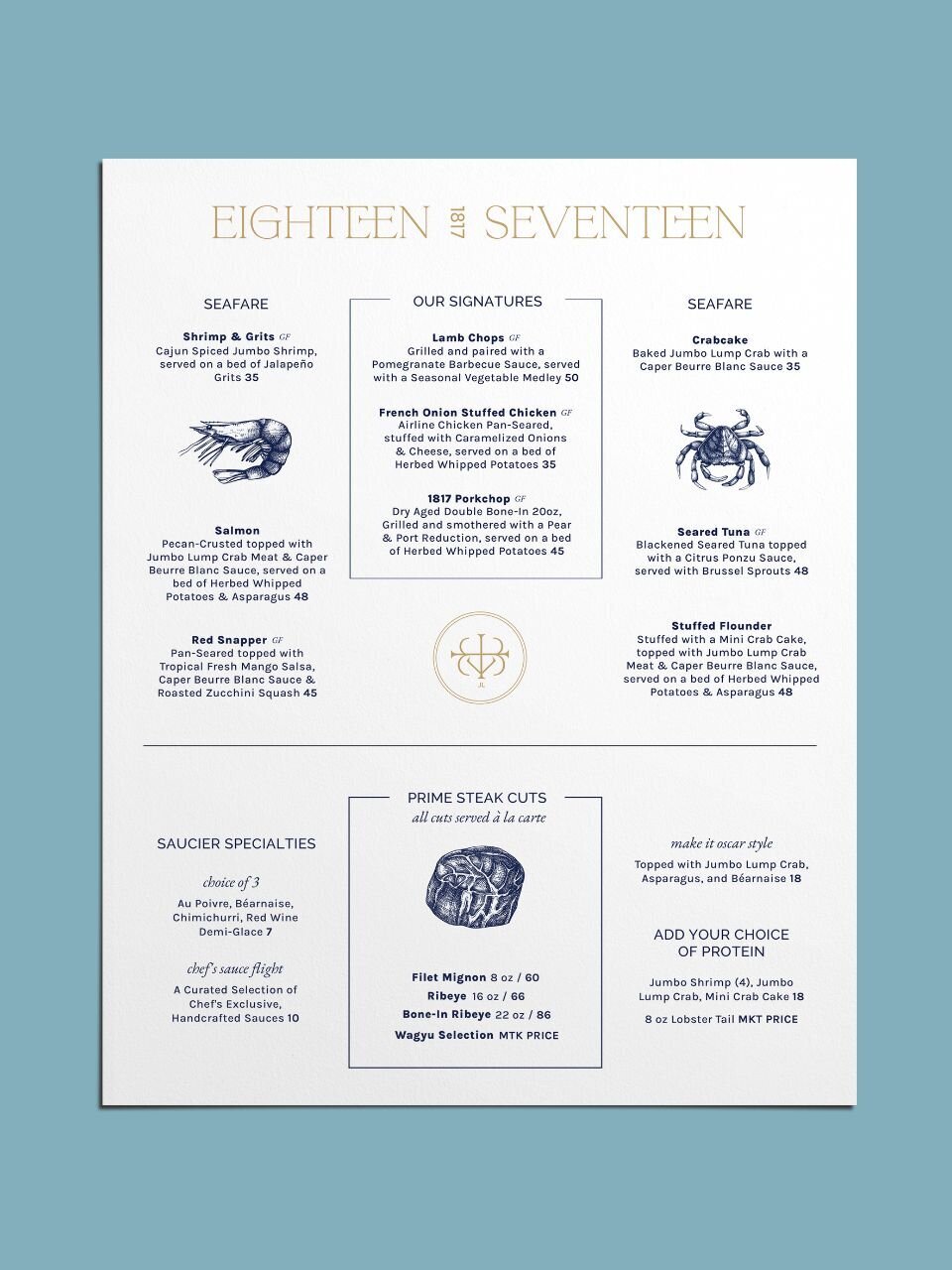 Fine dining steak and seafood menu layout with clear structure, elevated font styling, and illustrative elements