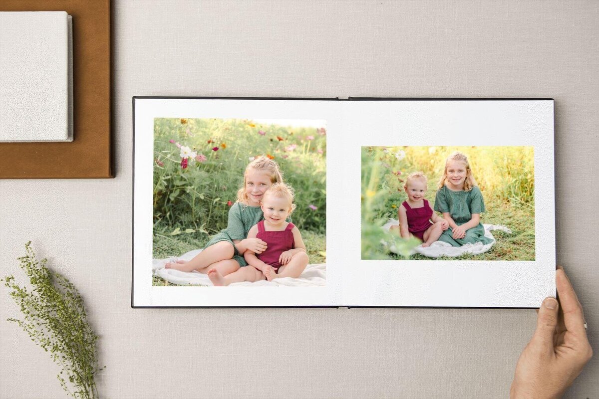 A photo session in a flower field is on display in a custom album available for purchase.