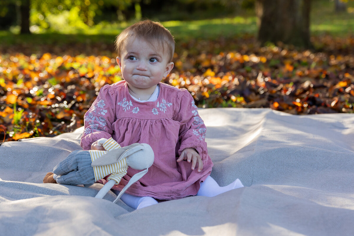 Baby in a pink dress sitting on a blanket outdoors with a stuffed toy, surrounded by autumn leaves.