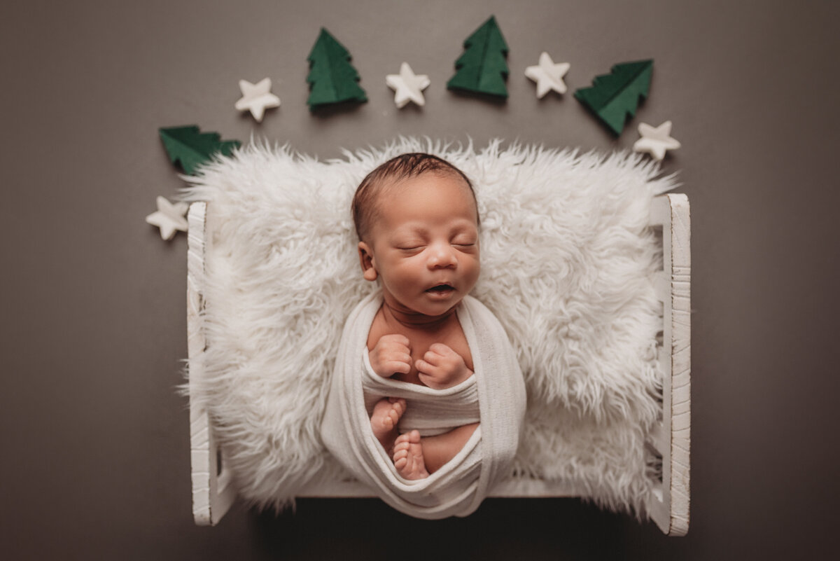 Newborn baby boy swaddled in white fabric laying in little bed with stars and pine tree props surrounding him