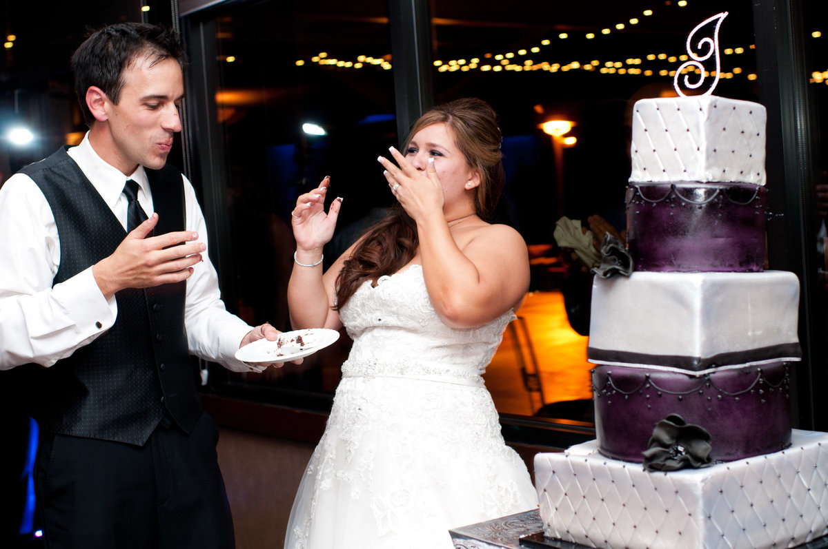 Wedding reception portrait by Faria Munmun in Los Angeles California. Los Angeles wedding photographer for the fun couple. Purple silver inspired wedding cake for the modern couple.