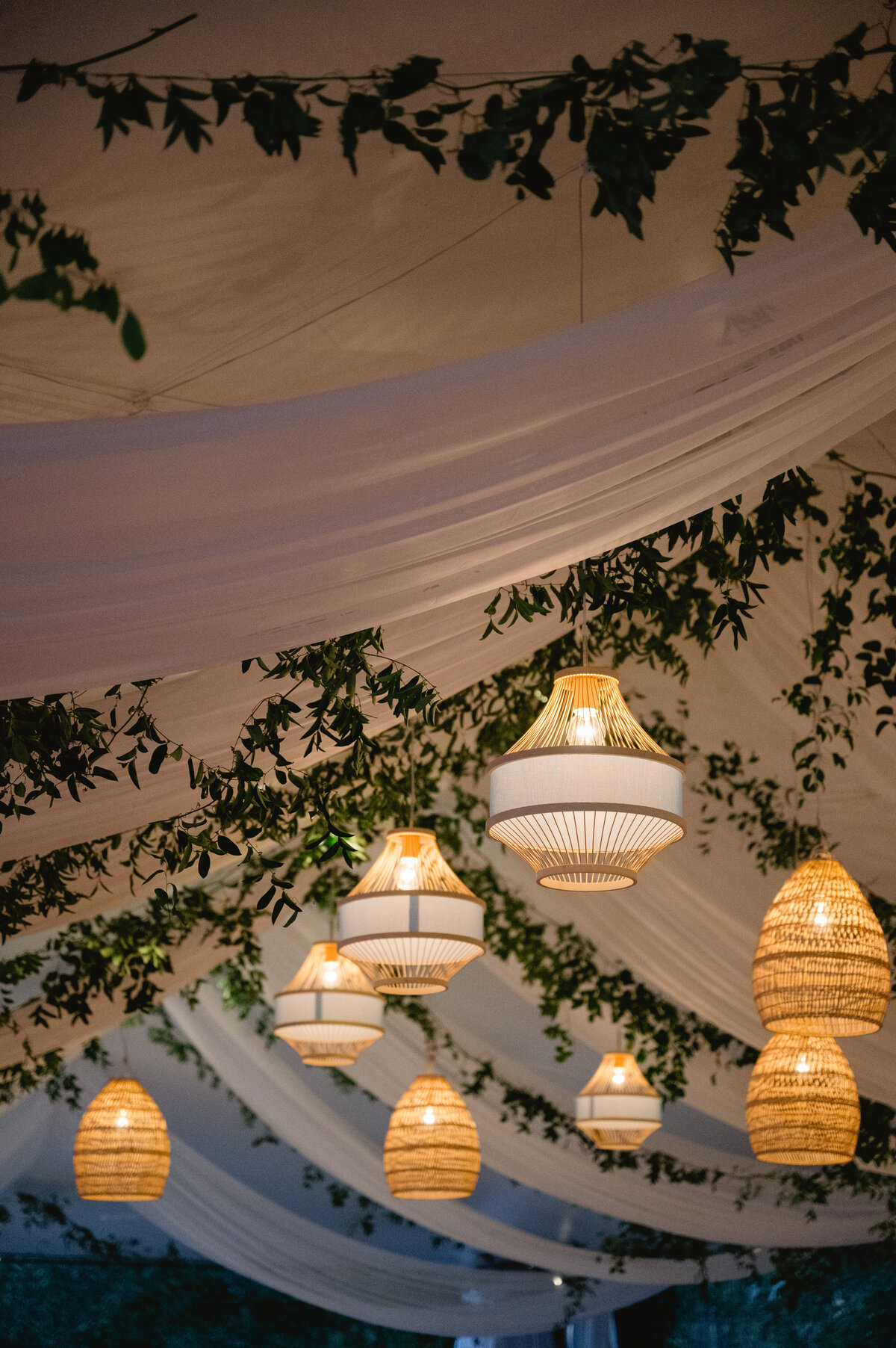 Close up of string of lights under a canopy at wedding reception. 