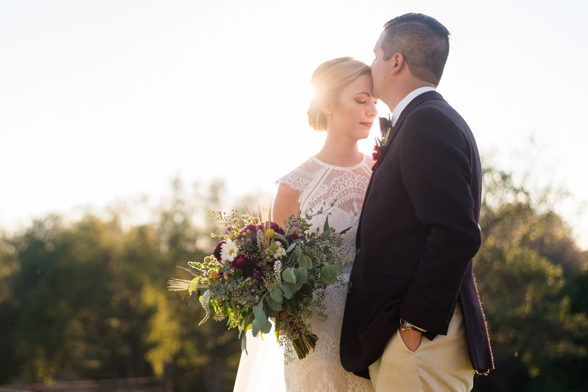 groom kissing bride on forehead during sunset at hermitage hill farm wedding by virginia wedding photographer