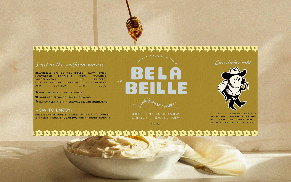 Belabeille’s packaging, logo, and brand identity were crafted to reflect playful, southern-inspired energy for boutique honey CPG brands. Strategic design enhances shelf presence, communicates brand story, and attracts ideal customers.

Wildspark developed Belabeille’s logo, packaging, and brand identity to elevate boutique honey brands for retail success. The cowgirl bee mascot and vibrant, southern-inspired design create an instantly recognizable, memorable brand experience.