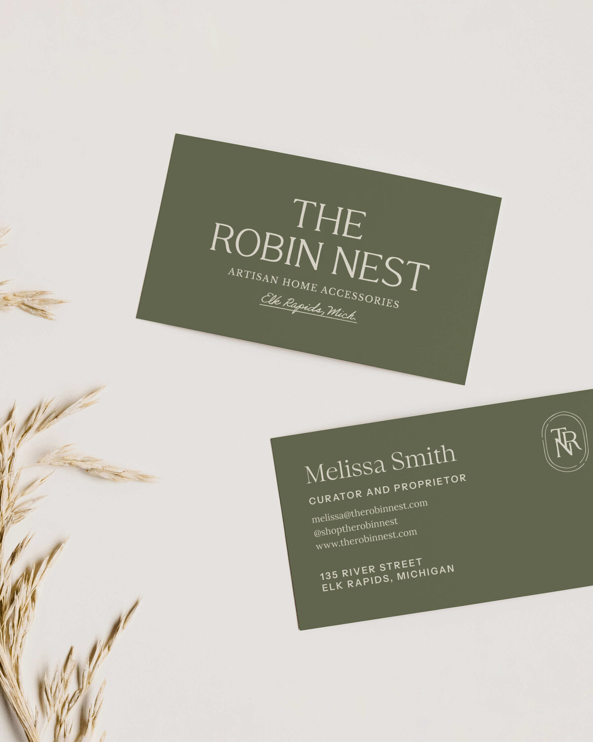 Elegant business card design for artisan home brand with timeless fonts, olive green palette, and brand-forward small business details.