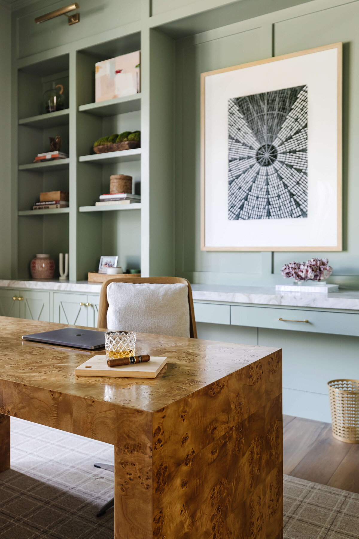 oyster creek studios memorial new build wooden desk with sage shelving and wooden framed artwork in study