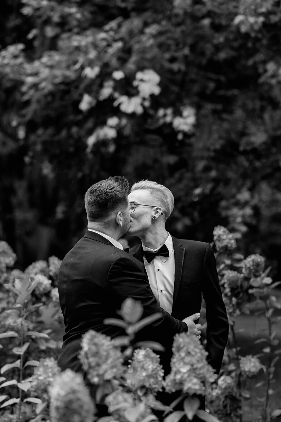 Black and white grooms portrait at Greencrest Manor wedding in Michigan