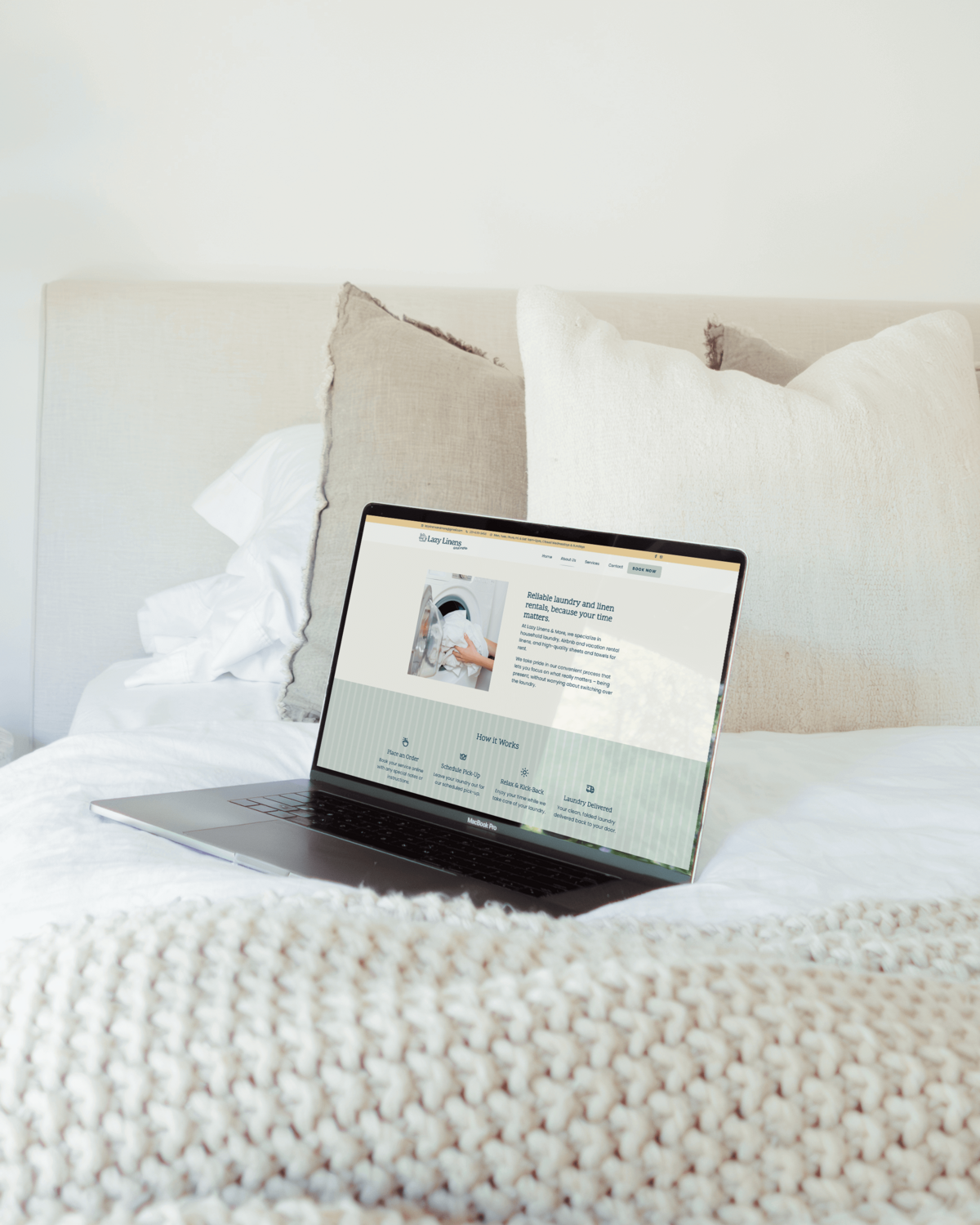 Lifestyle-inspired web design for Lazy Linens shown on a laptop in a cozy setting, tailored for intentional, modern creative brands.