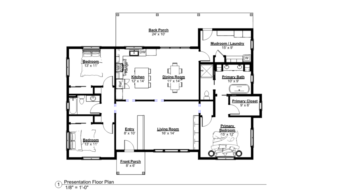 The Rosie: a single level two bedroom, two and half bathroom house plan by Pretty House Plans. 