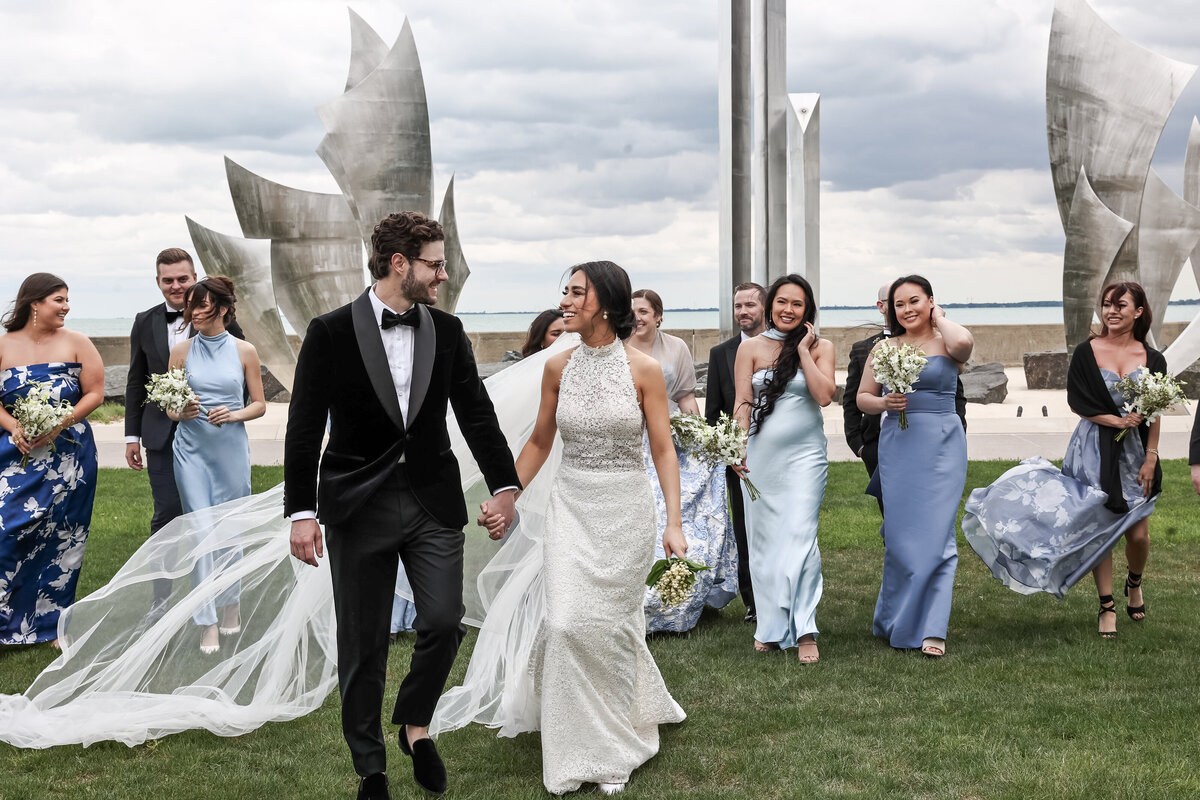Bridal party at the War Memorial. Shot by Detroit's wedding photographer Kai Davis 