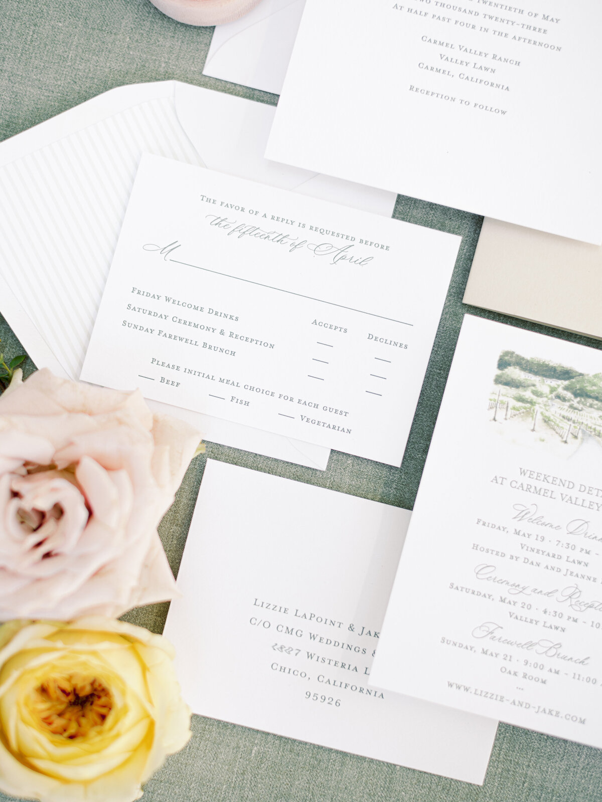letterpress green wedding invitation