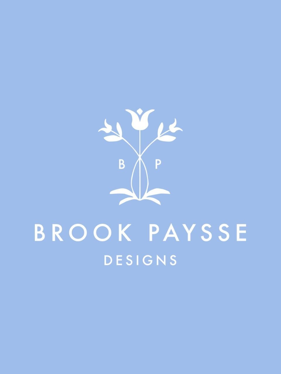 Brook Paysse Designs primary logo with tulip icon and initials “B” and “P” on a coastal blue background.