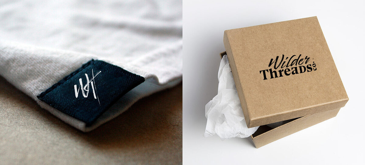 clothing and box with wilderthreads logo design