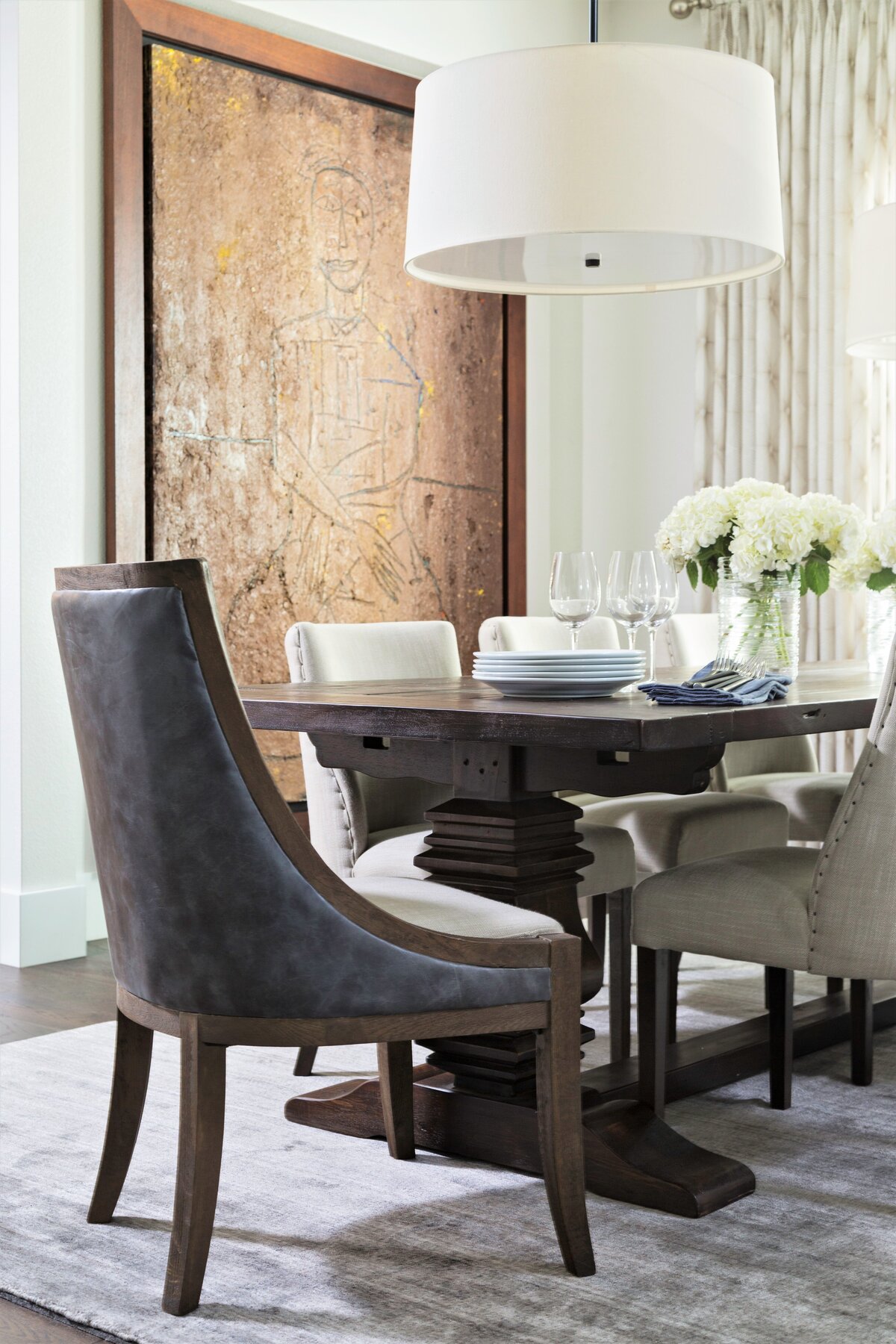 Classic Wooden Dining Table and Comfy White & Blue Chairs