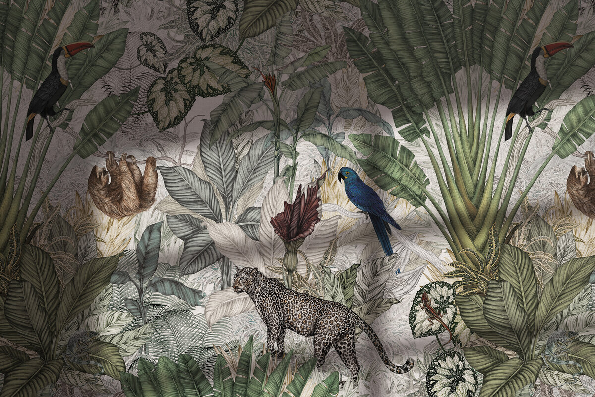 Jungle wallpaper Jimmy Cricket Kids room wallpaper Pattern design Wilderness Adventure Tropical leaves