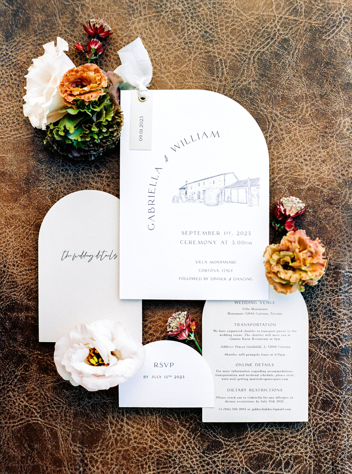 Film photograph of Wedding Stationery suite with hand drawn villa illustration photographed by Italy wedding photographer at Villa Montanare Tuscany wedding