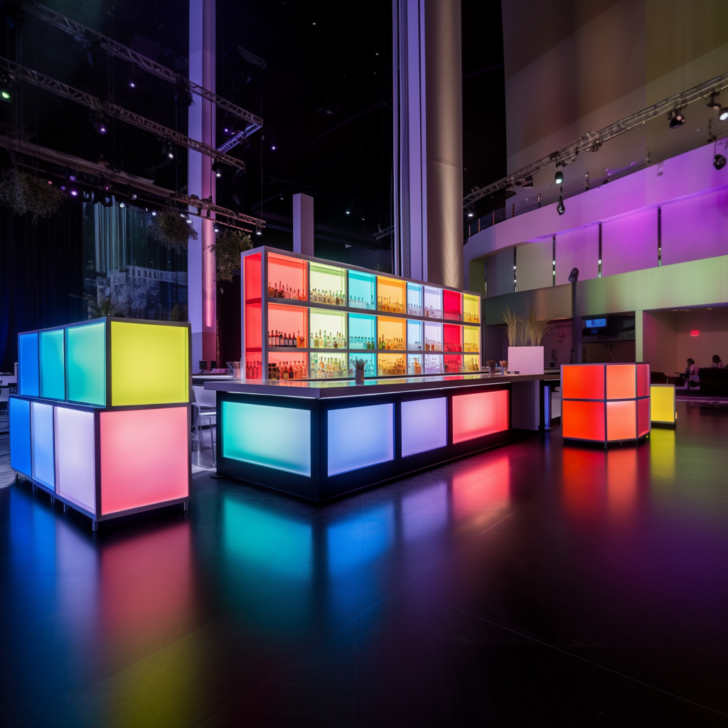 high energy and colorful corporate event with a custom bar installation by Brazen Events in the middle of a convention space