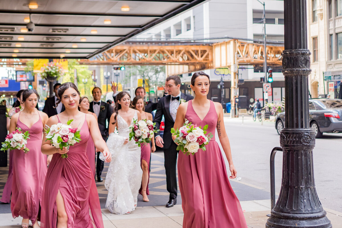 Bridesmaids outside of the Palmer House Hilton Chicago