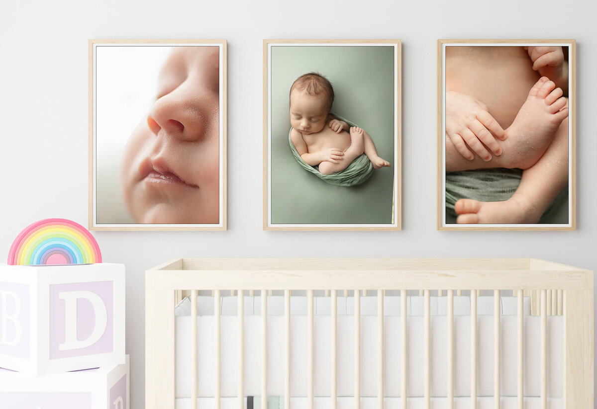Maternity image framed and displayed on a wall in bedroom.
