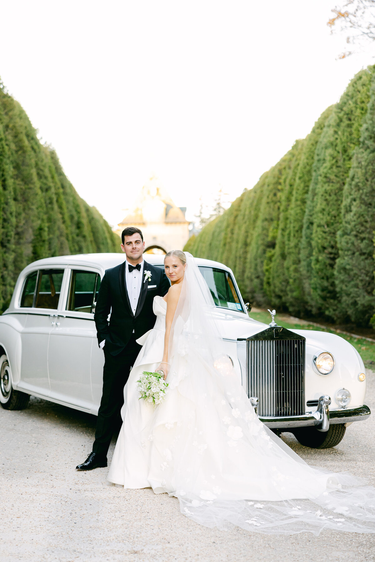 Oheka Castle Driveway Wedding Photos with Vintage Luxury Car