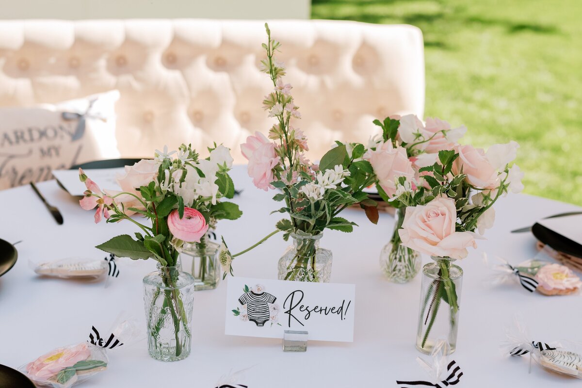 bud vase centerpiece , blush pink, black and white , baby shower