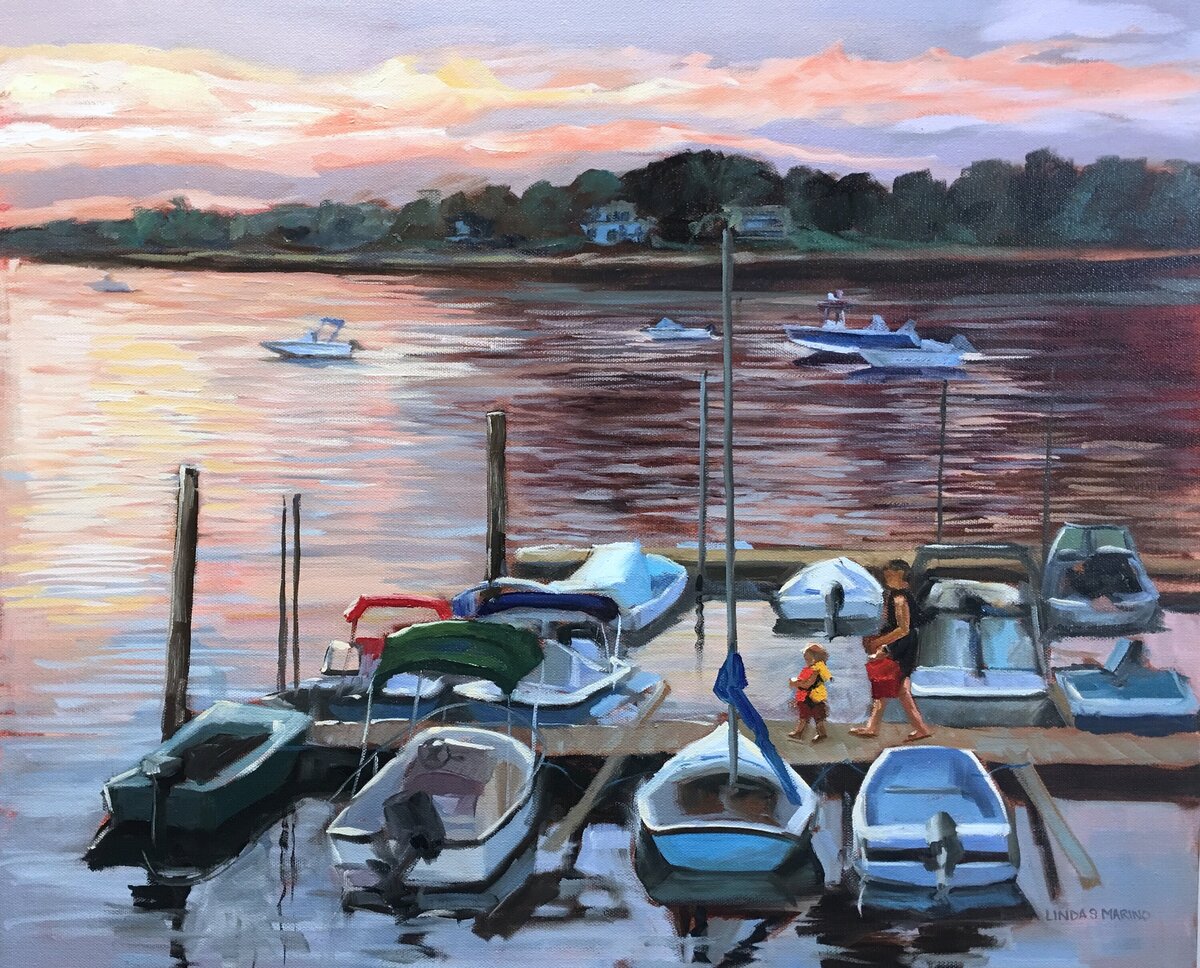 Painting of sunset at Stony Creek in Branford Ct with sailboats and boater with his son about to get on their boat, oil painting 20 x 24" , by Connecticut Painter Linda Marino